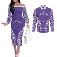 Custom Cook Islands Rarotonga Couples Matching Off The Shoulder Long Sleeve Dress and Long Sleeve Button Shirt Polynesian Tribal Tattoo LT05 Purple - Polynesian Pride