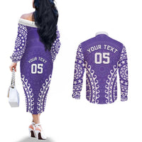 Custom Cook Islands Rarotonga Couples Matching Off The Shoulder Long Sleeve Dress and Long Sleeve Button Shirt Polynesian Tribal Tattoo LT05 - Polynesian Pride