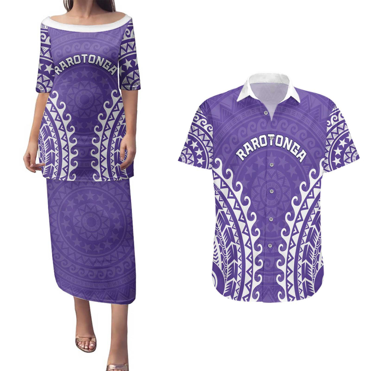 Custom Cook Islands Rarotonga Couples Matching Puletasi and Hawaiian Shirt Polynesian Tribal Tattoo LT05 Purple - Polynesian Pride