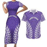 Custom Cook Islands Rarotonga Couples Matching Short Sleeve Bodycon Dress and Hawaiian Shirt Polynesian Tribal Tattoo LT05 Purple - Polynesian Pride