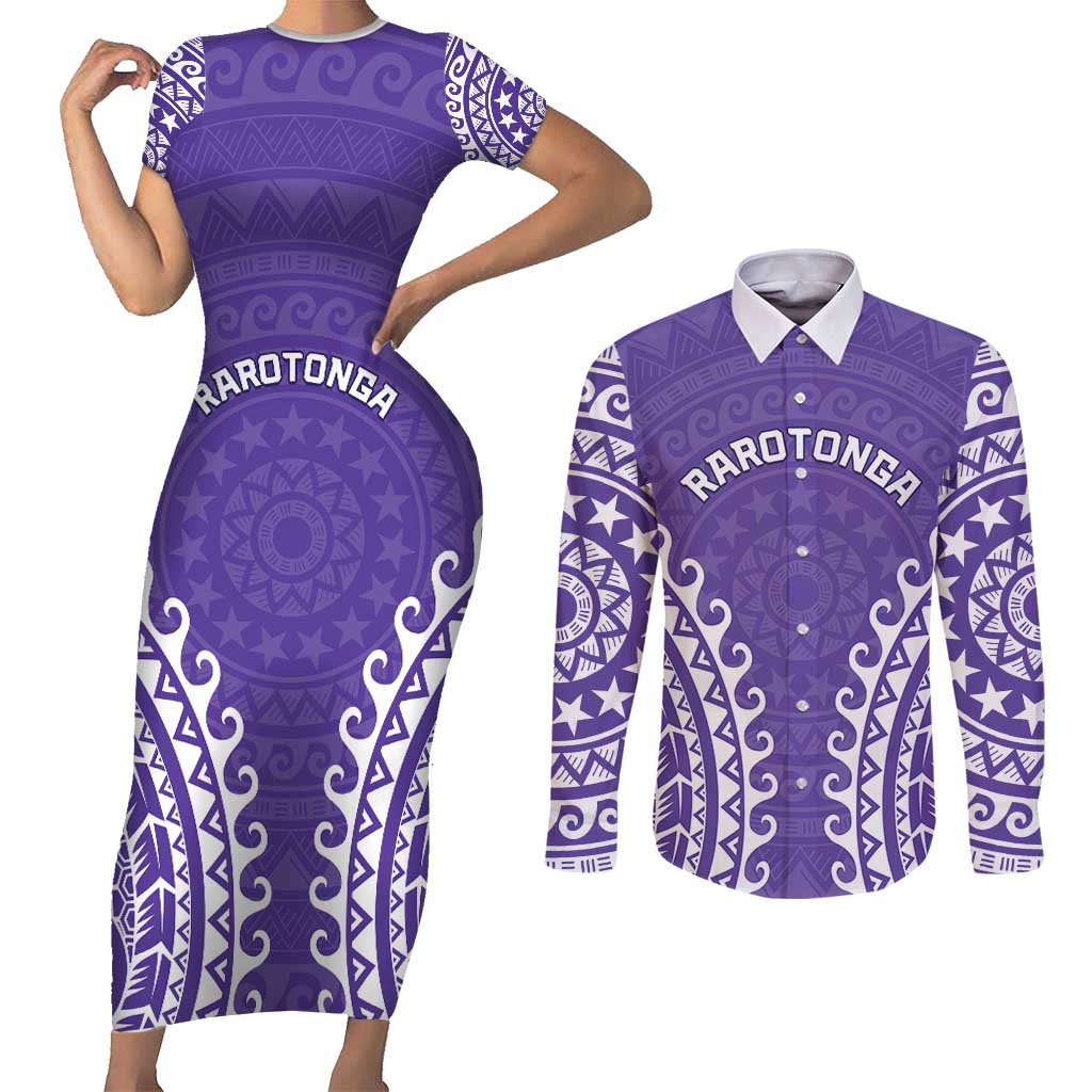 Custom Cook Islands Rarotonga Couples Matching Short Sleeve Bodycon Dress and Long Sleeve Button Shirt Polynesian Tribal Tattoo LT05 Purple - Polynesian Pride