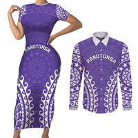 Custom Cook Islands Rarotonga Couples Matching Short Sleeve Bodycon Dress and Long Sleeve Button Shirt Polynesian Tribal Tattoo LT05 Purple - Polynesian Pride