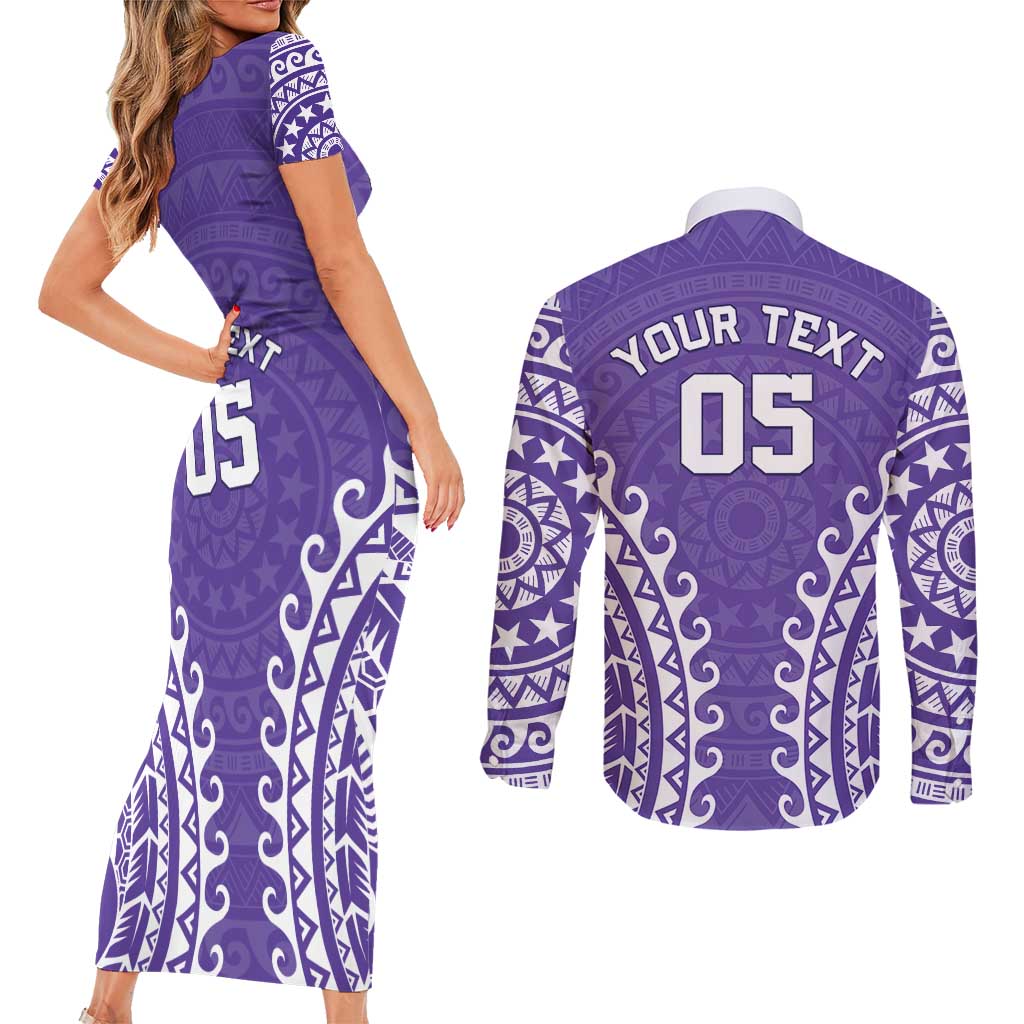 Custom Cook Islands Rarotonga Couples Matching Short Sleeve Bodycon Dress and Long Sleeve Button Shirt Polynesian Tribal Tattoo LT05 - Polynesian Pride