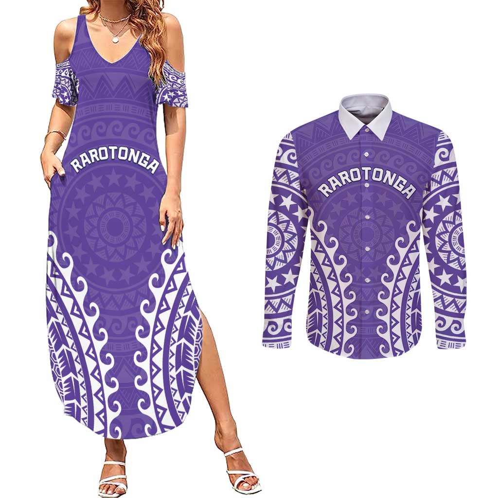 Custom Cook Islands Rarotonga Couples Matching Summer Maxi Dress and Long Sleeve Button Shirt Polynesian Tribal Tattoo LT05 Purple - Polynesian Pride