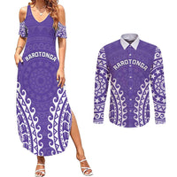 Custom Cook Islands Rarotonga Couples Matching Summer Maxi Dress and Long Sleeve Button Shirt Polynesian Tribal Tattoo LT05 Purple - Polynesian Pride