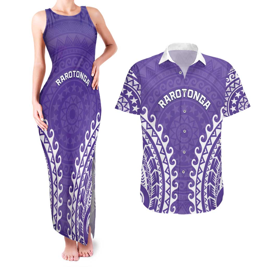 Custom Cook Islands Rarotonga Couples Matching Tank Maxi Dress and Hawaiian Shirt Polynesian Tribal Tattoo LT05 Purple - Polynesian Pride