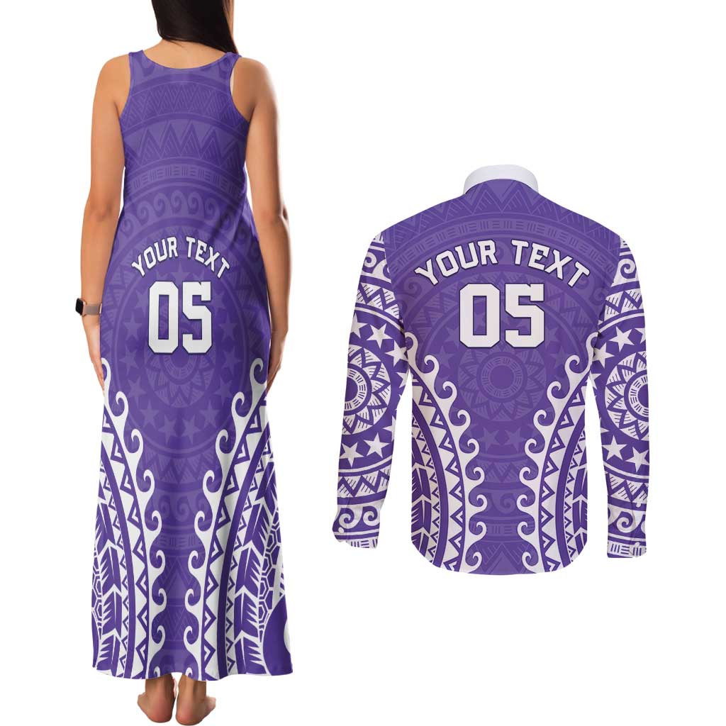 Custom Cook Islands Rarotonga Couples Matching Tank Maxi Dress and Long Sleeve Button Shirt Polynesian Tribal Tattoo LT05 - Polynesian Pride