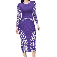 Custom Cook Islands Rarotonga Family Matching Long Sleeve Bodycon Dress and Hawaiian Shirt Polynesian Tribal Tattoo LT05 Mom's Dress Purple - Polynesian Pride