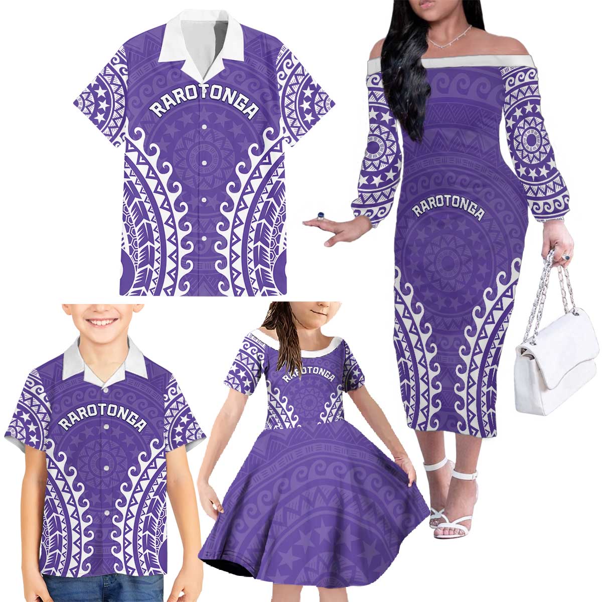Custom Cook Islands Rarotonga Family Matching Off The Shoulder Long Sleeve Dress and Hawaiian Shirt Polynesian Tribal Tattoo LT05 - Polynesian Pride