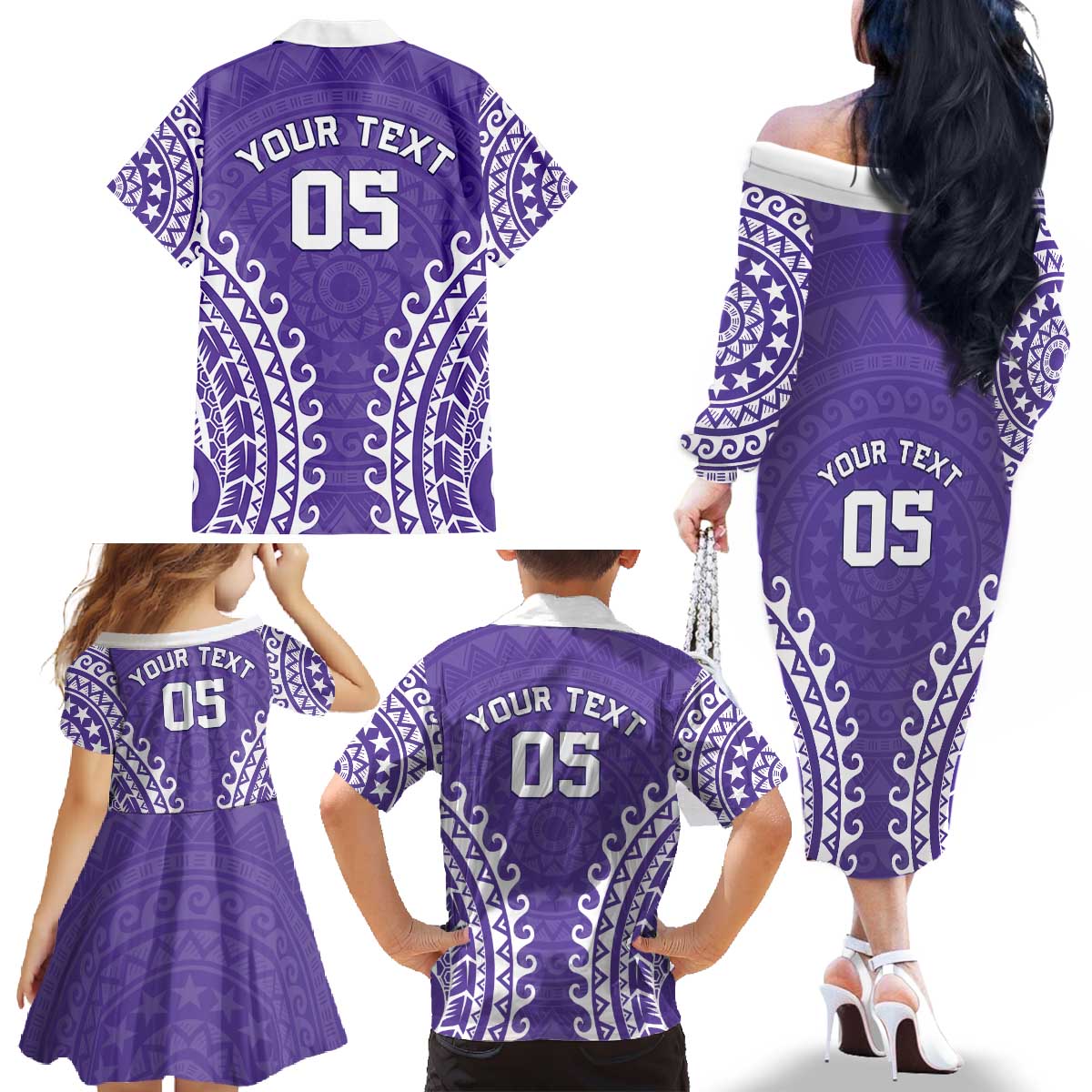 Custom Cook Islands Rarotonga Family Matching Off The Shoulder Long Sleeve Dress and Hawaiian Shirt Polynesian Tribal Tattoo LT05 - Polynesian Pride