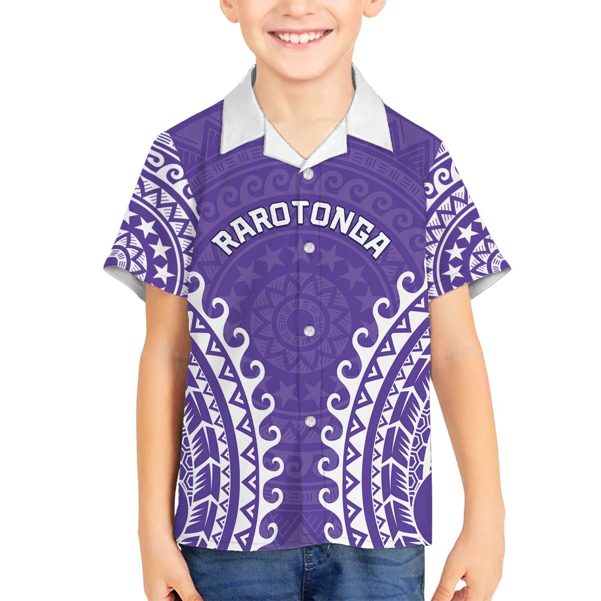Custom Cook Islands Rarotonga Family Matching Off The Shoulder Long Sleeve Dress and Hawaiian Shirt Polynesian Tribal Tattoo LT05 Son's Shirt Purple - Polynesian Pride