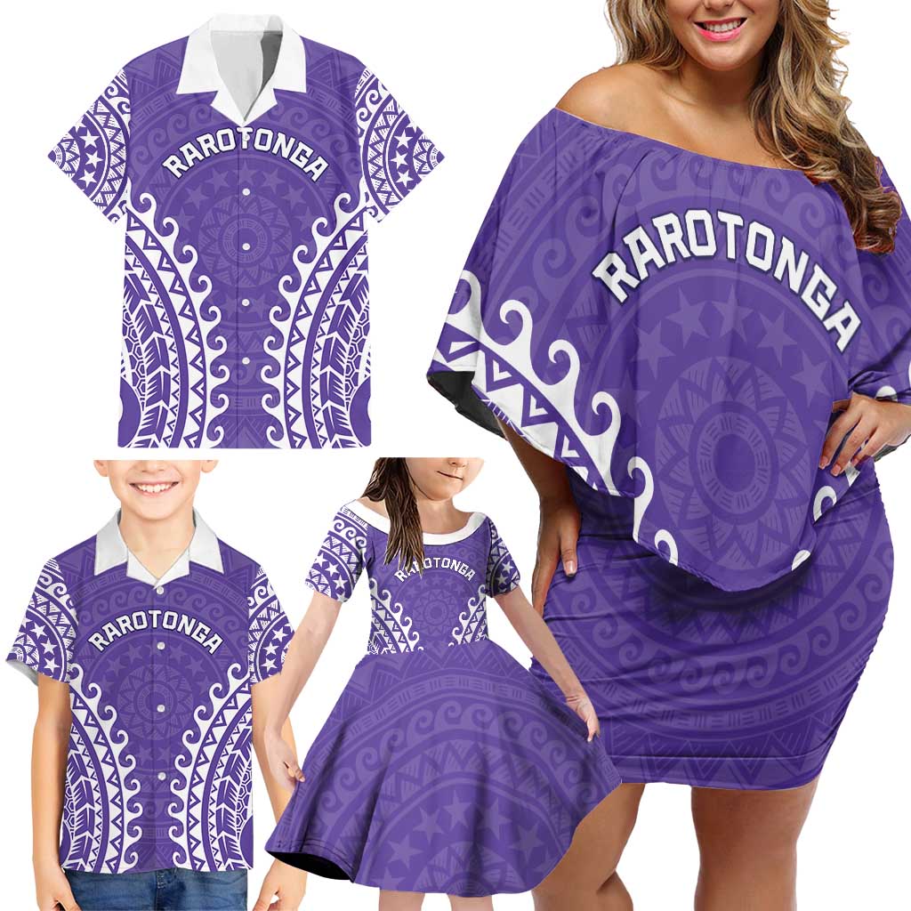 Custom Cook Islands Rarotonga Family Matching Off Shoulder Short Dress and Hawaiian Shirt Polynesian Tribal Tattoo LT05 - Polynesian Pride