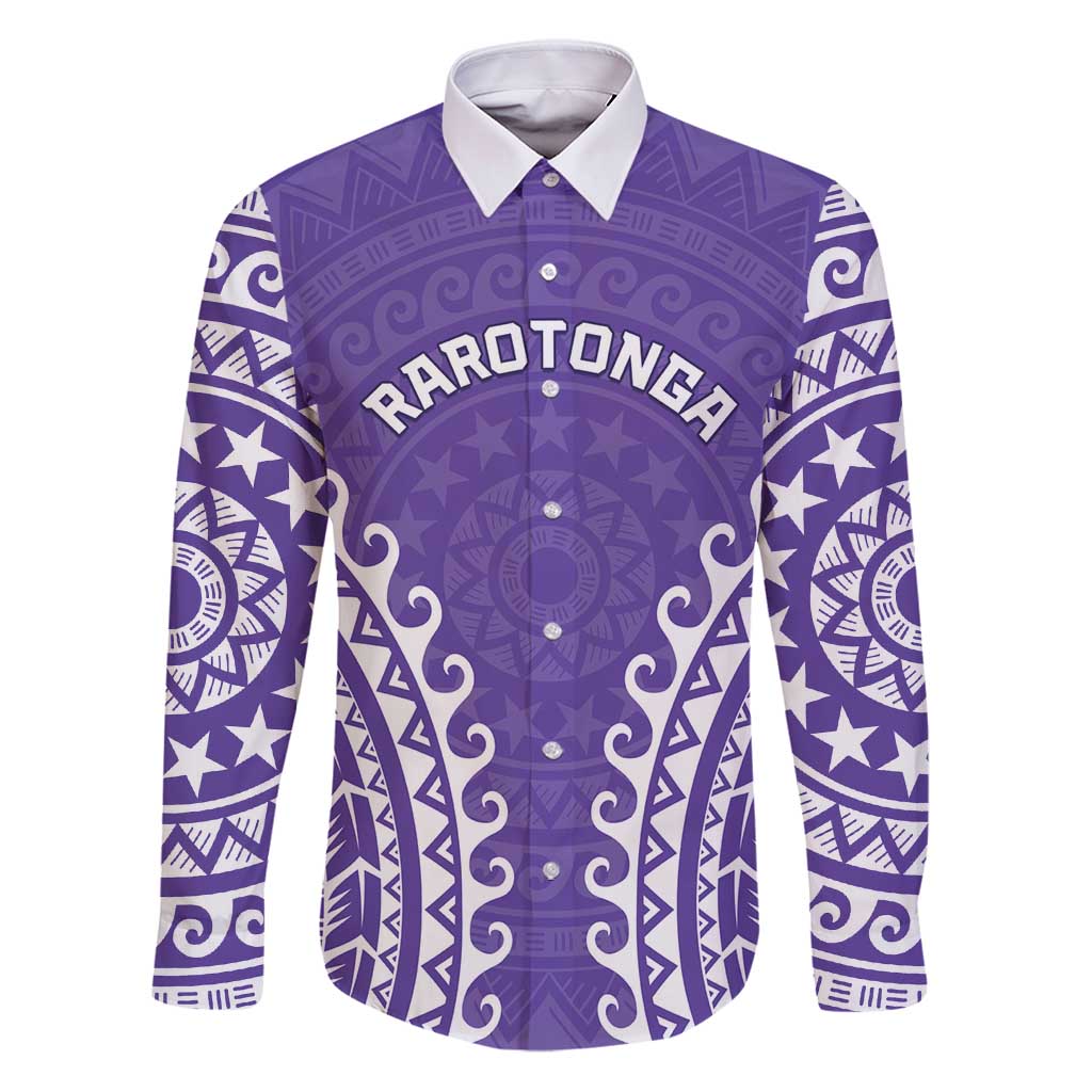 Custom Cook Islands Rarotonga Family Matching Puletasi and Hawaiian Shirt Polynesian Tribal Tattoo LT05 Dad's Shirt - Long Sleeve Purple - Polynesian Pride