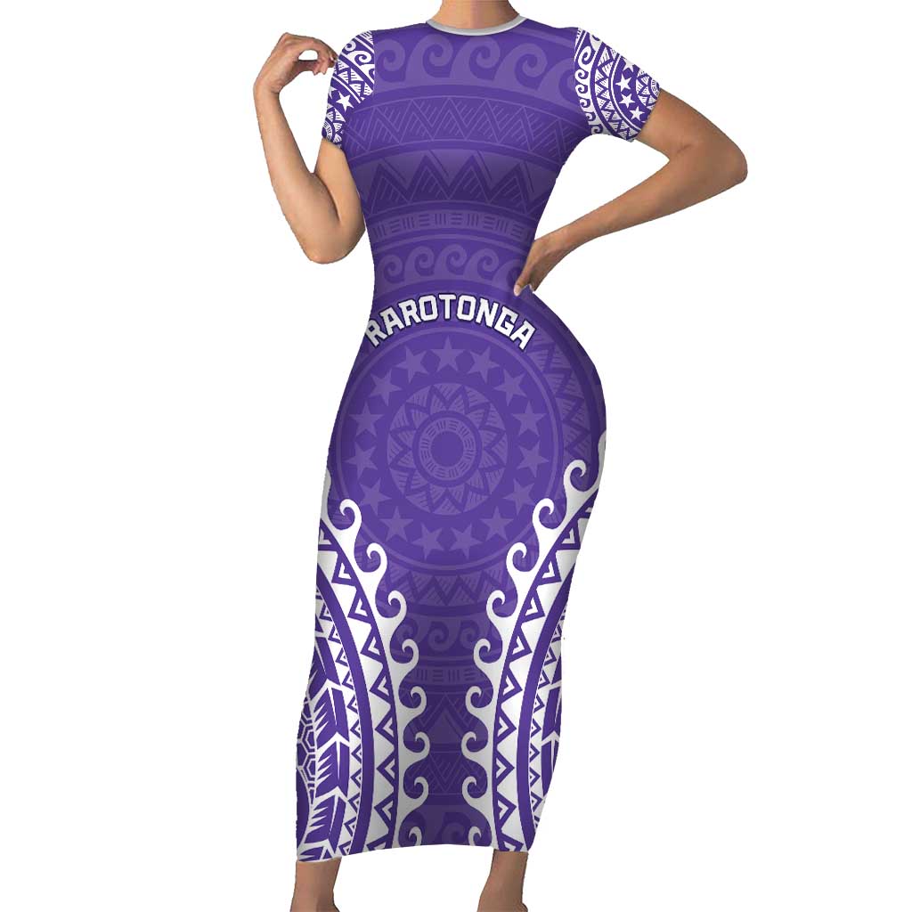 Custom Cook Islands Rarotonga Family Matching Short Sleeve Bodycon Dress and Hawaiian Shirt Polynesian Tribal Tattoo LT05 Mom's Dress Purple - Polynesian Pride