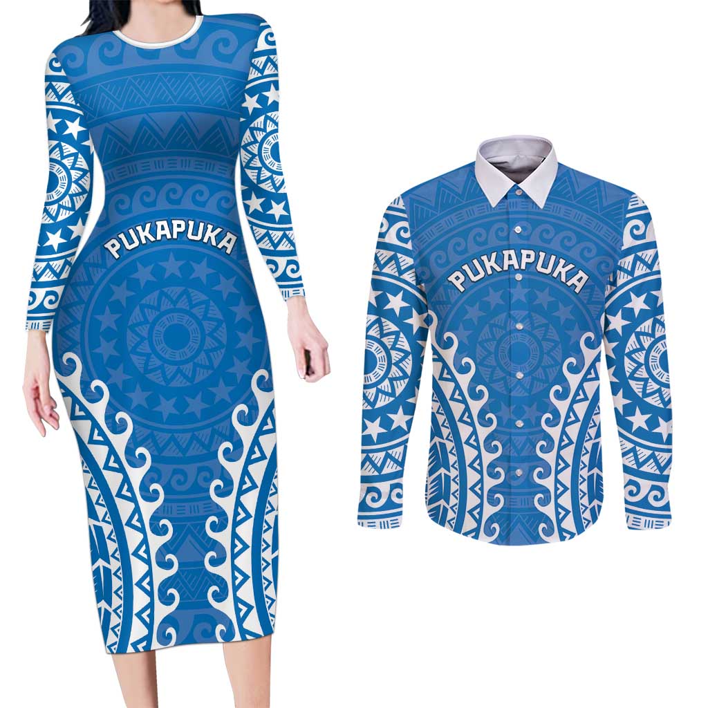 Custom Cook Islands Pukapuka Couples Matching Long Sleeve Bodycon Dress and Long Sleeve Button Shirt Polynesian Tribal Tattoo LT05 Blue - Polynesian Pride
