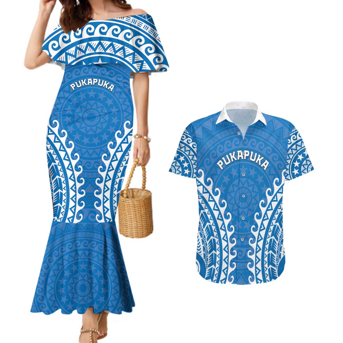 Custom Cook Islands Pukapuka Couples Matching Mermaid Dress and Hawaiian Shirt Polynesian Tribal Tattoo LT05 Blue - Polynesian Pride