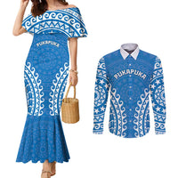Custom Cook Islands Pukapuka Couples Matching Mermaid Dress and Long Sleeve Button Shirt Polynesian Tribal Tattoo LT05 Blue - Polynesian Pride