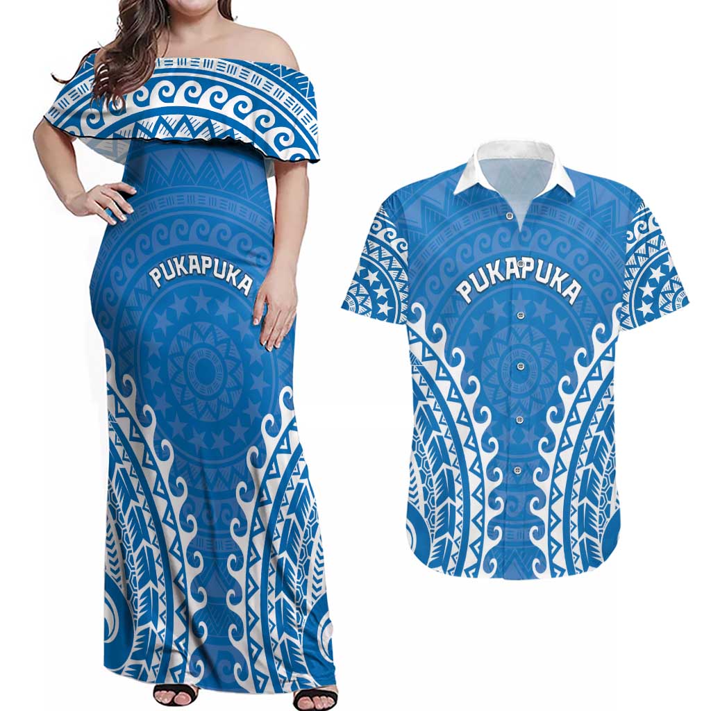 Custom Cook Islands Pukapuka Couples Matching Off Shoulder Maxi Dress and Hawaiian Shirt Polynesian Tribal Tattoo LT05 Blue - Polynesian Pride