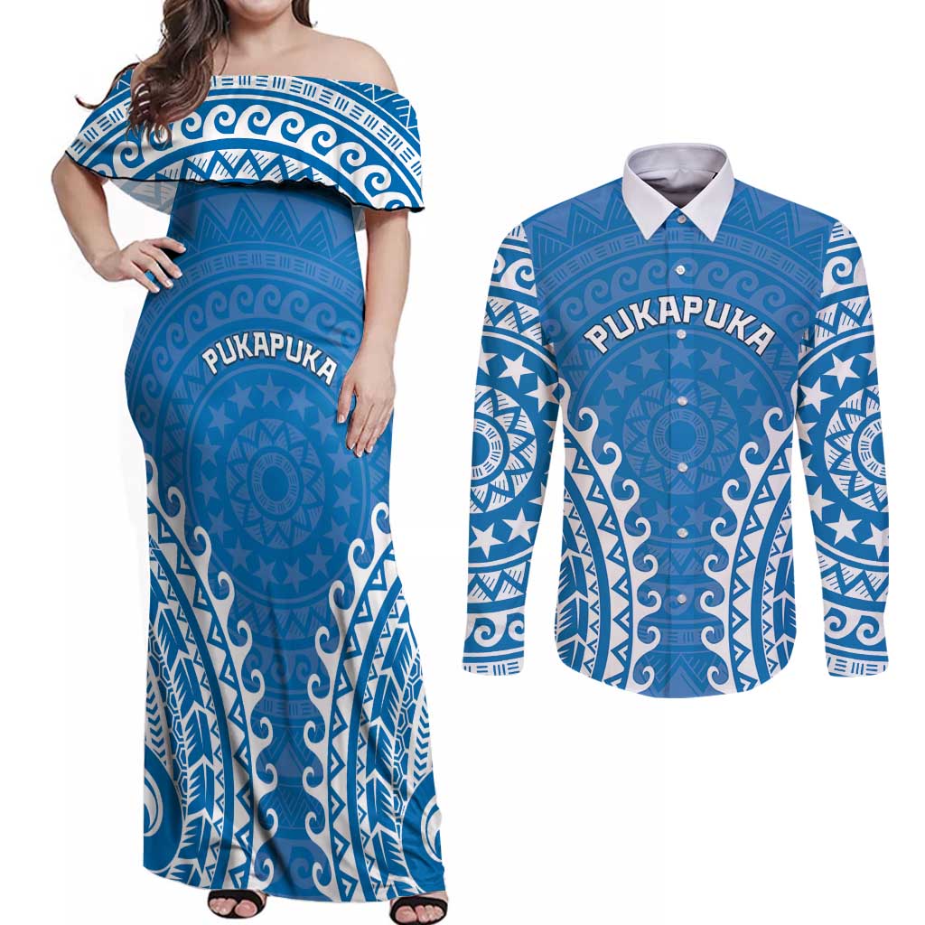 Custom Cook Islands Pukapuka Couples Matching Off Shoulder Maxi Dress and Long Sleeve Button Shirt Polynesian Tribal Tattoo LT05 Blue - Polynesian Pride