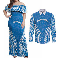 Custom Cook Islands Pukapuka Couples Matching Off Shoulder Maxi Dress and Long Sleeve Button Shirt Polynesian Tribal Tattoo LT05 Blue - Polynesian Pride