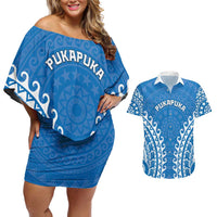 Custom Cook Islands Pukapuka Couples Matching Off Shoulder Short Dress and Hawaiian Shirt Polynesian Tribal Tattoo LT05 Blue - Polynesian Pride