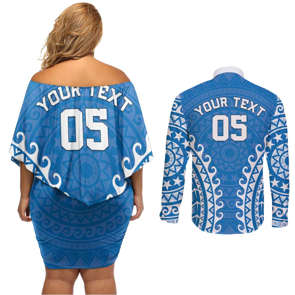 Custom Cook Islands Pukapuka Couples Matching Off Shoulder Short Dress and Long Sleeve Button Shirt Polynesian Tribal Tattoo LT05 - Polynesian Pride