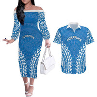 Custom Cook Islands Pukapuka Couples Matching Off The Shoulder Long Sleeve Dress and Hawaiian Shirt Polynesian Tribal Tattoo LT05 Blue - Polynesian Pride