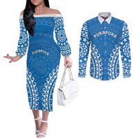 Custom Cook Islands Pukapuka Couples Matching Off The Shoulder Long Sleeve Dress and Long Sleeve Button Shirt Polynesian Tribal Tattoo LT05 Blue - Polynesian Pride