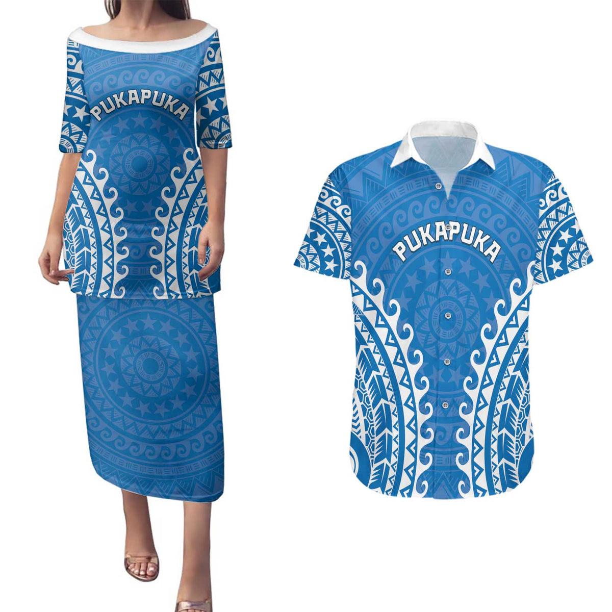 Custom Cook Islands Pukapuka Couples Matching Puletasi and Hawaiian Shirt Polynesian Tribal Tattoo LT05 Blue - Polynesian Pride