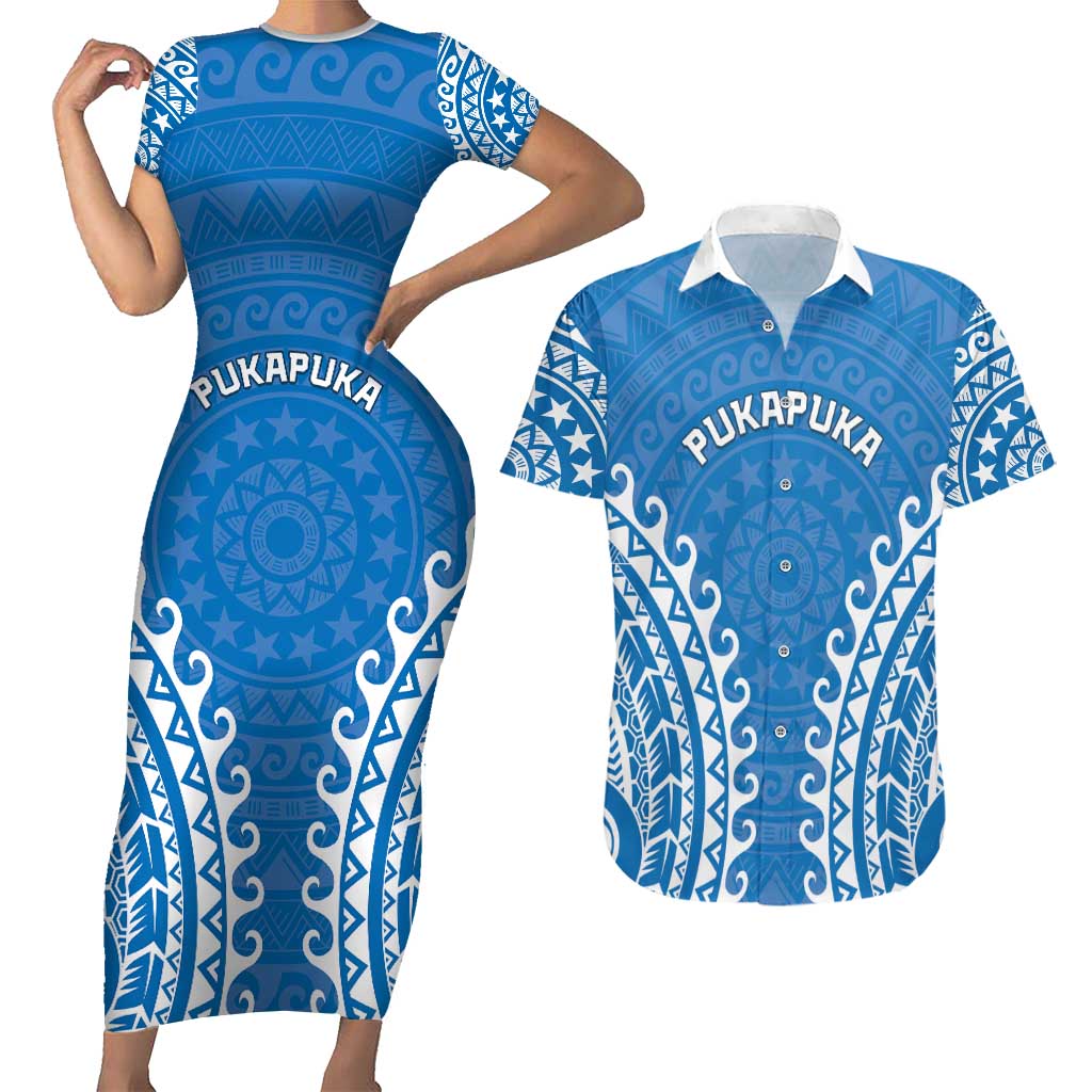 Custom Cook Islands Pukapuka Couples Matching Short Sleeve Bodycon Dress and Hawaiian Shirt Polynesian Tribal Tattoo LT05 Blue - Polynesian Pride