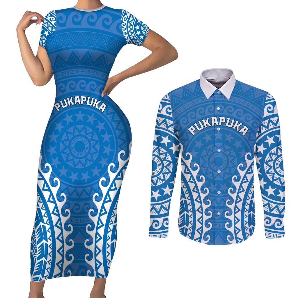 Custom Cook Islands Pukapuka Couples Matching Short Sleeve Bodycon Dress and Long Sleeve Button Shirt Polynesian Tribal Tattoo LT05 Blue - Polynesian Pride