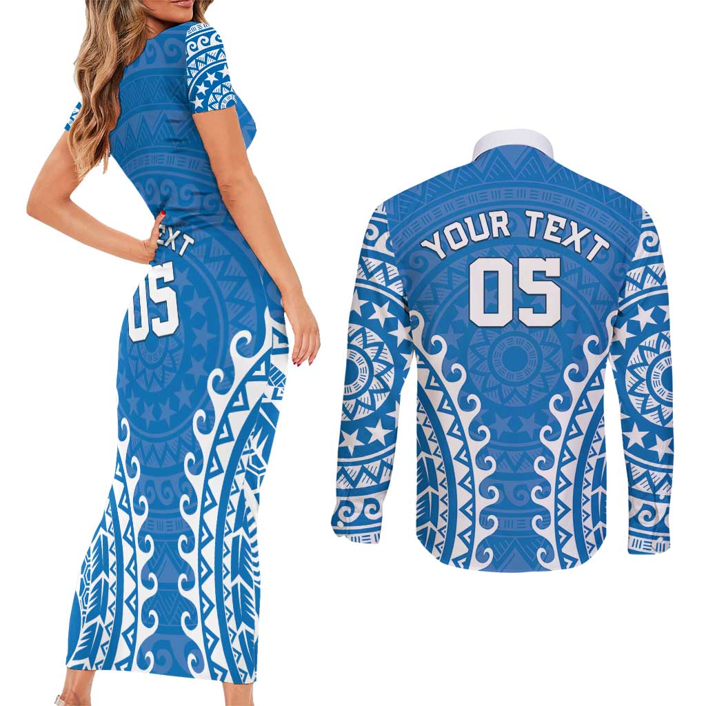 Custom Cook Islands Pukapuka Couples Matching Short Sleeve Bodycon Dress and Long Sleeve Button Shirt Polynesian Tribal Tattoo LT05 - Polynesian Pride