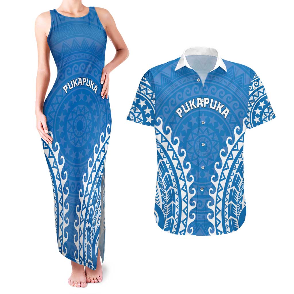 Custom Cook Islands Pukapuka Couples Matching Tank Maxi Dress and Hawaiian Shirt Polynesian Tribal Tattoo LT05 Blue - Polynesian Pride