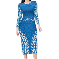 Custom Cook Islands Pukapuka Family Matching Long Sleeve Bodycon Dress and Hawaiian Shirt Polynesian Tribal Tattoo LT05 Mom's Dress Blue - Polynesian Pride