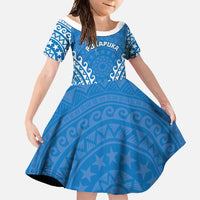 Custom Cook Islands Pukapuka Family Matching Mermaid Dress and Hawaiian Shirt Polynesian Tribal Tattoo LT05 Daughter's Dress Blue - Polynesian Pride