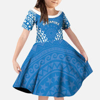 Custom Cook Islands Pukapuka Family Matching Off The Shoulder Long Sleeve Dress and Hawaiian Shirt Polynesian Tribal Tattoo LT05 Daughter's Dress Blue - Polynesian Pride