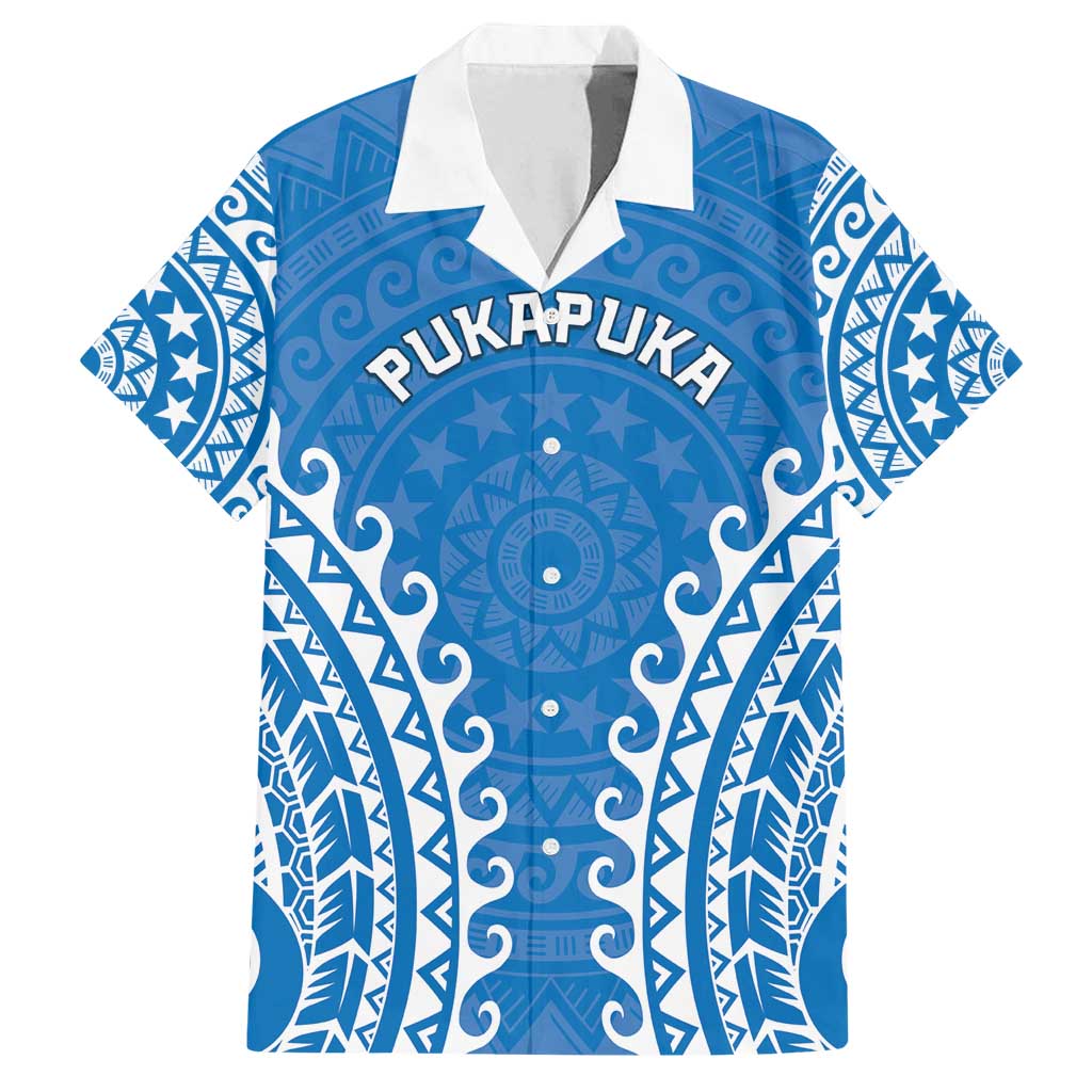 Custom Cook Islands Pukapuka Family Matching Off Shoulder Maxi Dress and Hawaiian Shirt Polynesian Tribal Tattoo LT05 Dad's Shirt - Short Sleeve Blue - Polynesian Pride
