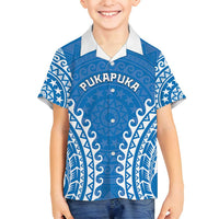 Custom Cook Islands Pukapuka Family Matching Off Shoulder Maxi Dress and Hawaiian Shirt Polynesian Tribal Tattoo LT05 Son's Shirt Blue - Polynesian Pride
