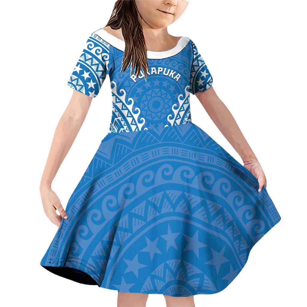 Custom Cook Islands Pukapuka Family Matching Off Shoulder Short Dress and Hawaiian Shirt Polynesian Tribal Tattoo LT05 Daughter's Dress Blue - Polynesian Pride