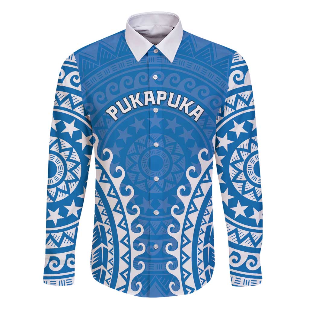 Custom Cook Islands Pukapuka Family Matching Off Shoulder Short Dress and Hawaiian Shirt Polynesian Tribal Tattoo LT05 Dad's Shirt - Long Sleeve Blue - Polynesian Pride