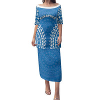 Custom Cook Islands Pukapuka Family Matching Puletasi and Hawaiian Shirt Polynesian Tribal Tattoo LT05 Mom's Dress Blue - Polynesian Pride