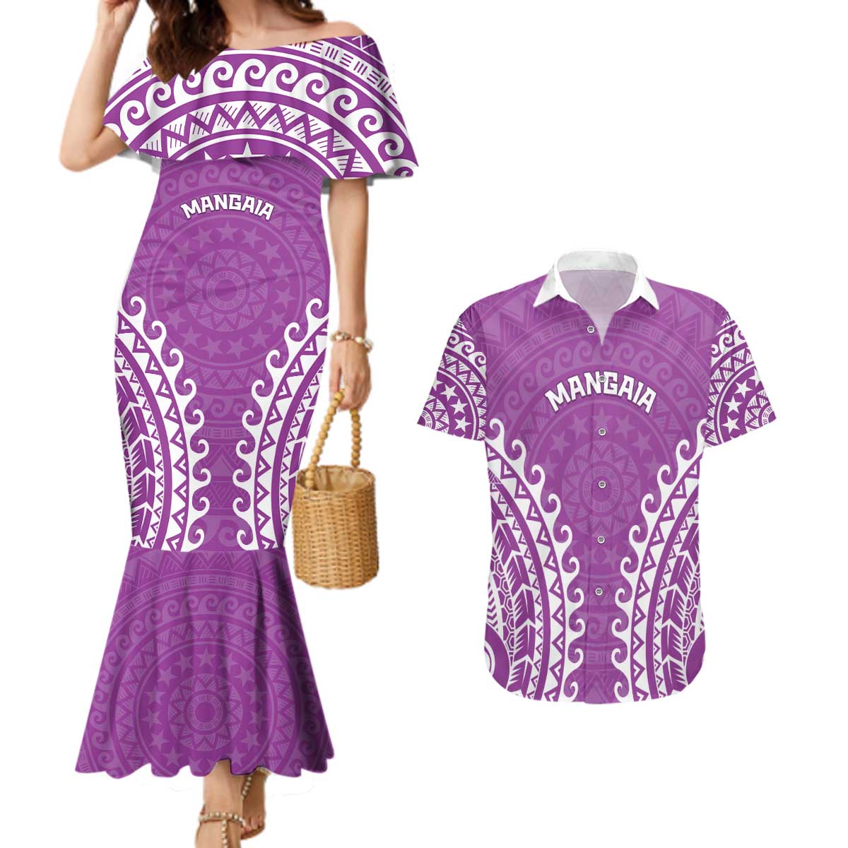 Custom Cook Islands Mangaia Couples Matching Mermaid Dress and Hawaiian Shirt Polynesian Tribal Tattoo