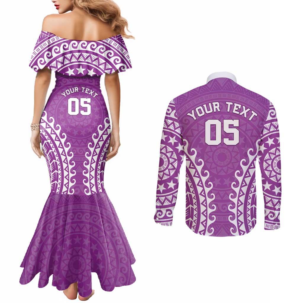 Custom Cook Islands Mangaia Couples Matching Mermaid Dress and Long Sleeve Button Shirt Polynesian Tribal Tattoo