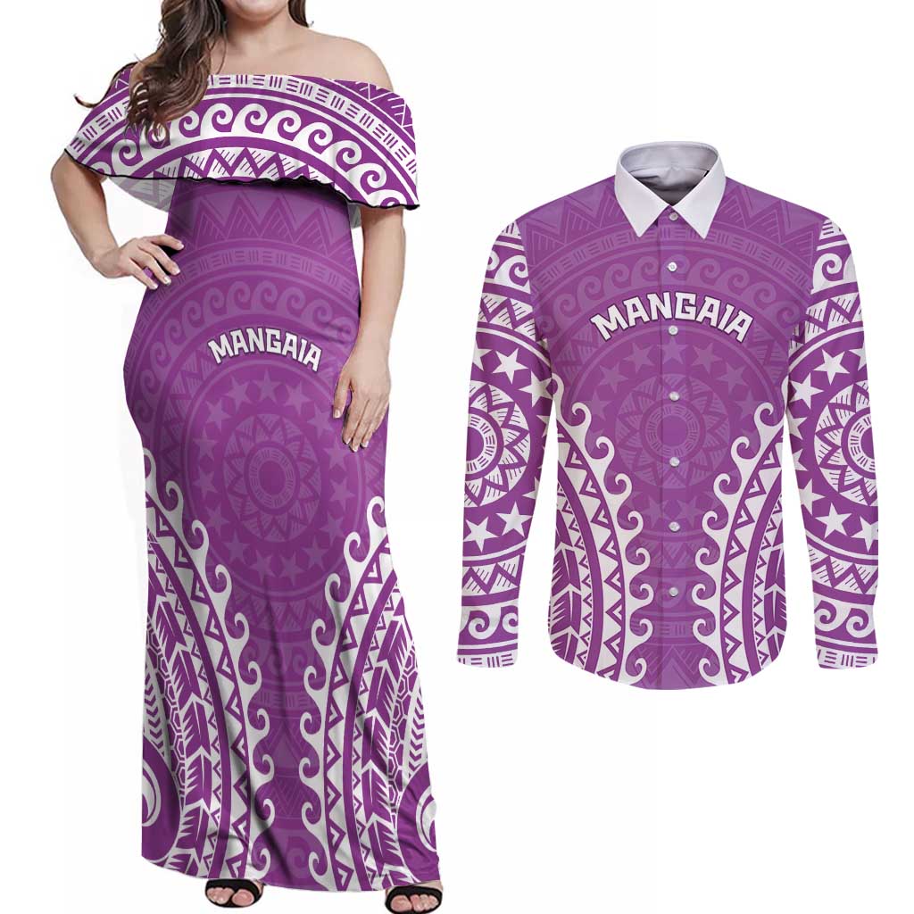 Custom Cook Islands Mangaia Couples Matching Off Shoulder Maxi Dress and Long Sleeve Button Shirt Polynesian Tribal Tattoo LT05 Pink - Polynesian Pride