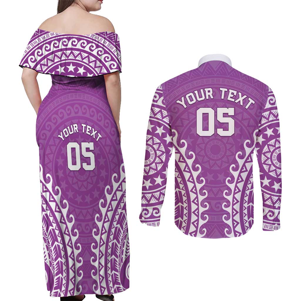 Custom Cook Islands Mangaia Couples Matching Off Shoulder Maxi Dress and Long Sleeve Button Shirt Polynesian Tribal Tattoo LT05 - Polynesian Pride
