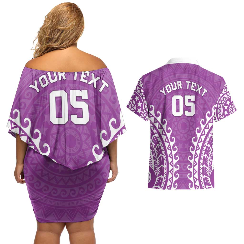 Custom Cook Islands Mangaia Couples Matching Off Shoulder Short Dress and Hawaiian Shirt Polynesian Tribal Tattoo