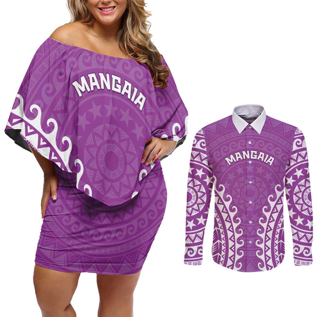 Custom Cook Islands Mangaia Couples Matching Off Shoulder Short Dress and Long Sleeve Button Shirt Polynesian Tribal Tattoo LT05 Pink - Polynesian Pride