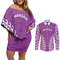 Custom Cook Islands Mangaia Couples Matching Off Shoulder Short Dress and Long Sleeve Button Shirt Polynesian Tribal Tattoo LT05 Pink - Polynesian Pride