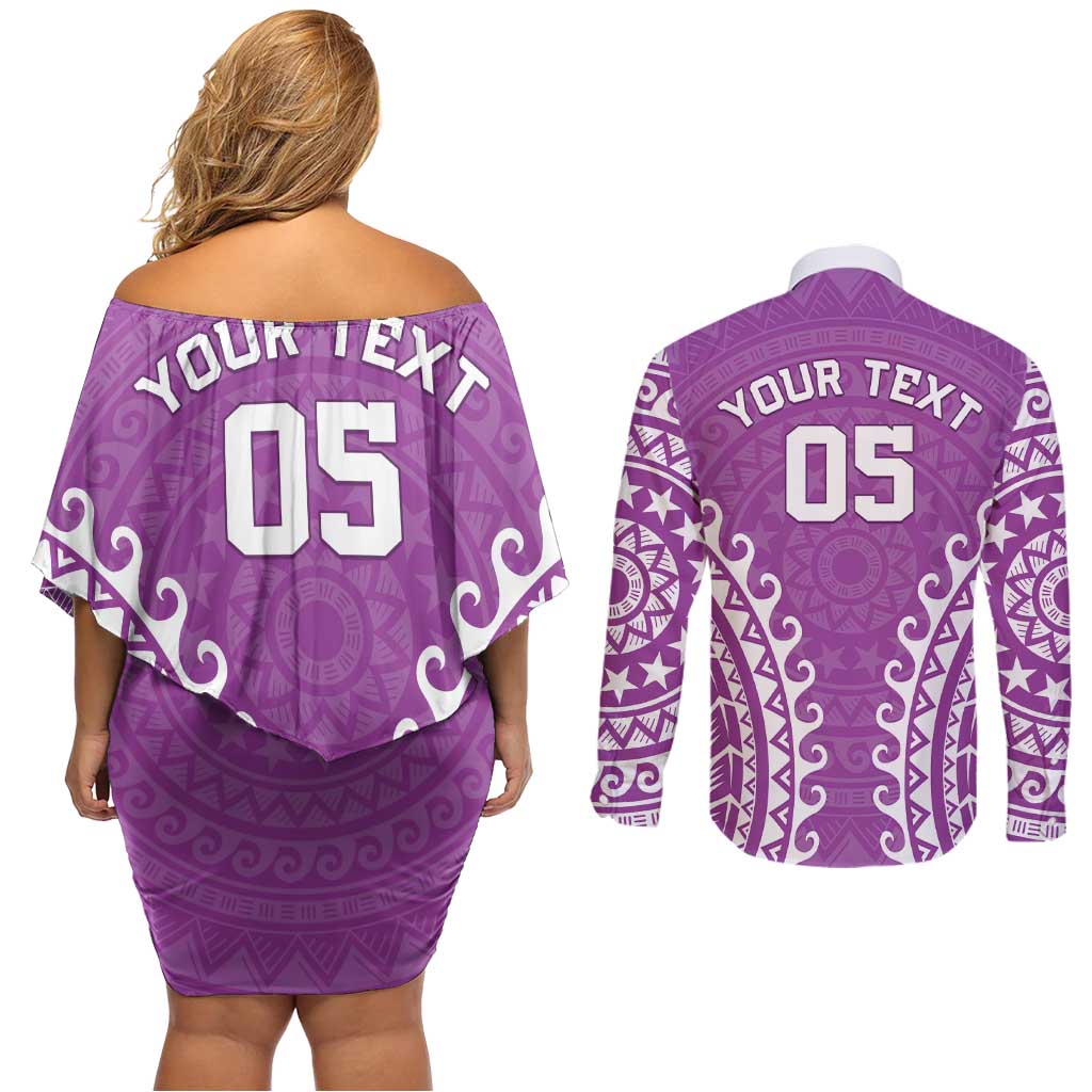 Custom Cook Islands Mangaia Couples Matching Off Shoulder Short Dress and Long Sleeve Button Shirt Polynesian Tribal Tattoo LT05 - Polynesian Pride