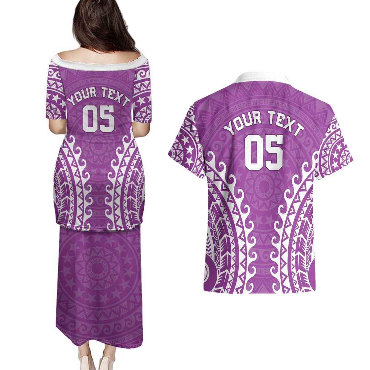 Custom Cook Islands Mangaia Couples Matching Puletasi and Hawaiian Shirt Polynesian Tribal Tattoo